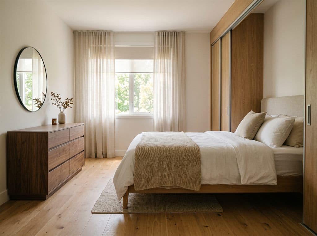 Dormitorio amueblado con armario y cómoda de madera en Muros
