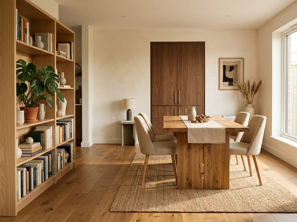 Salón amueblado con mesa de madera, estanterías y armario en Muros